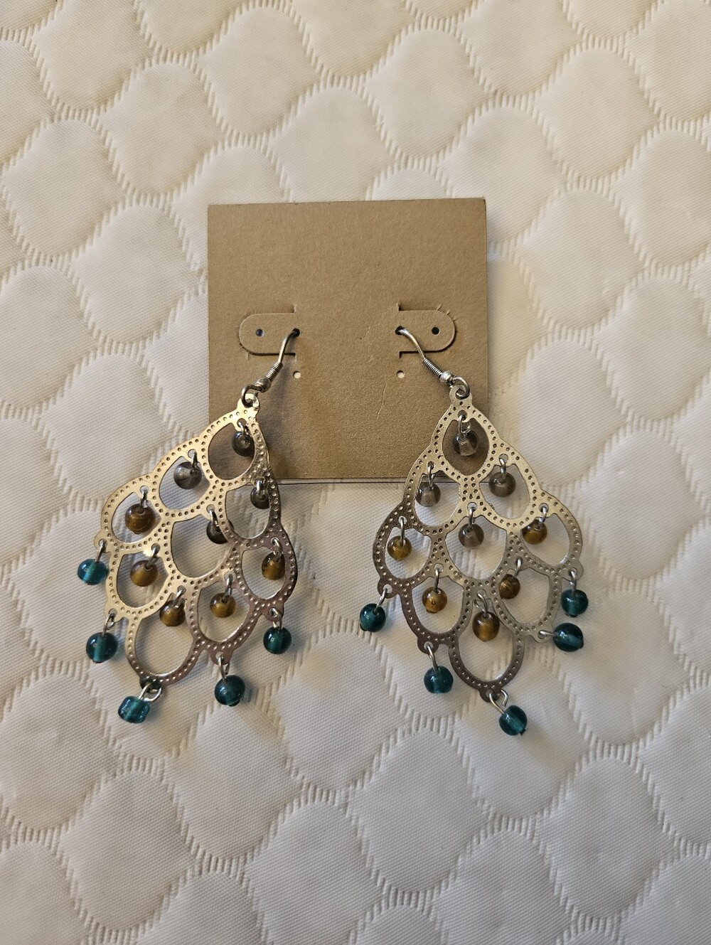 Teal & Brown Beaded Silver Tone 3" Chandelier Earrings - New